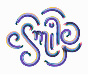 Creative lettering typography of the word "Smile". Hand painted freestyle, multicolored colorful brush strokes.