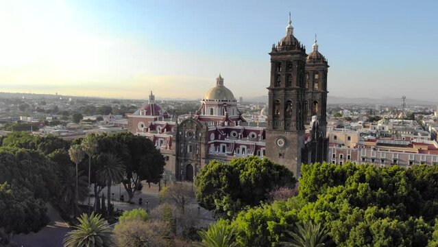 Cathedral de Puebla aerial drone shot of Central Iglesia in Puebla de Zaragoza, Mexico, Zocalo square
