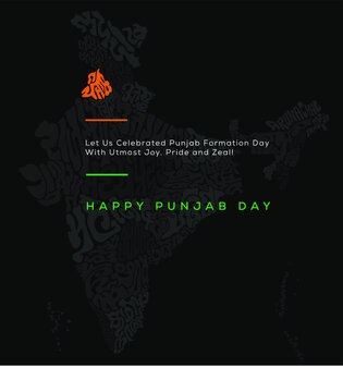 Happy Punjab Day. Punjab map typography in Gurmukhi.