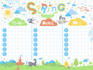Stylish Spring planner with castle, unicorn, chicken, swallow, mountains and funny typography on the background of paper sheet in vector. Cute schedule for children. March, April, May