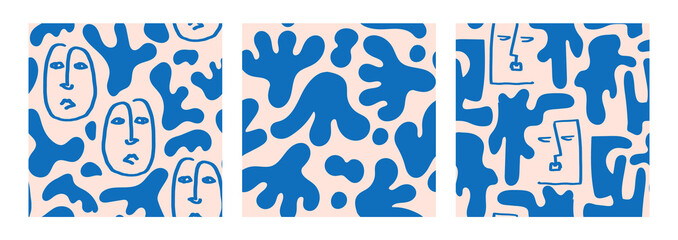 Set of blue seamless patterns with abstract line art faces with silhouette organic shapes. Boho minimalist style. Vector fashion geometric background