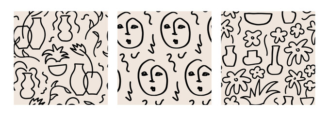 Set of minimalist boho seamless patterns with linear faces and doodle ceramic vases. Vector modern backgrounds