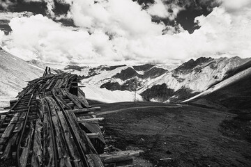 Black and white shot of the San Juan Mountains in cloudy sky background in Silverton, Colorado