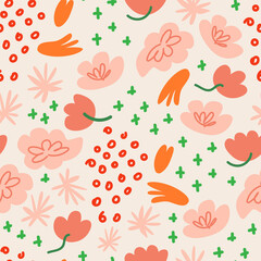 Cute seamless pattern with small various abstract flowers, dots and textures. Vector background with abstract florals. Different colorful plants