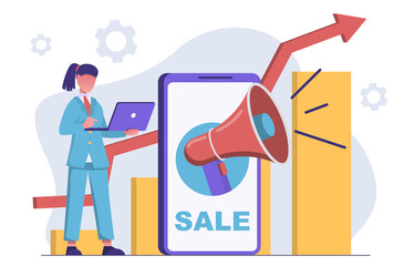 A woman businessman is running a marketing campaign and the graph is growing