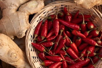 Basket of chili pepper and ginger
