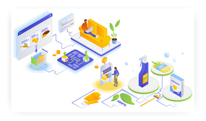 People shopping for groceries and natural household cleaning products online, flat vector isometric illustration.