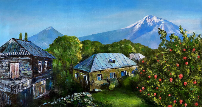 Painting of rural houses in the background of snowcap mountains