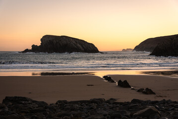 Fototapeta na wymiar The spectacular rock formations on the shore of La Arnía beach at sunrise, Costa Quebrada, Liencres, Cantabria, Spain