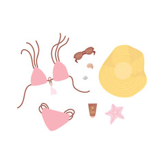 Set of beach summer objects - bikini, hat, glasses, sunscreen, starfish. Vector drawings isolated on background.