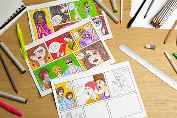 Comic book storyboard on paper. Design animation sketches.