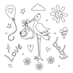 Set with items for babies. Stork with a newborn, lettering, balloon.