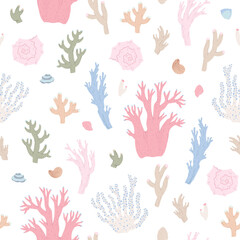 Seamless pattern with corals on white background. Pastel vector hand drawn illustrations.