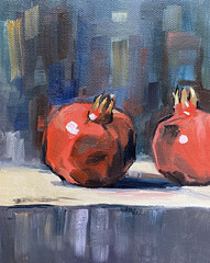 Vertical shot of an oil painting depicting a still life of pomegranates