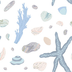 Blue seamless pattern with seashells, starfish, corals and pebble on white background. Pastel vector hand drawn illustrations.