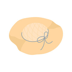 Beige straw hat with blue ribbon flat illustration. Vector isolated on white background.