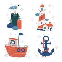 Vector flat colorful illustration isolated on white. Cute cartoon marine nautical travel icons set.