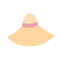 Yellow straw hat with pink ribbon flat illustration. Vector isolated on white background.