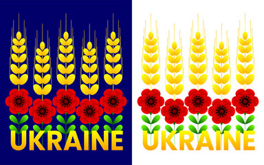 Vector poster with a flower arrangement with poppies and spikelets on a blue and white background. Ukraine.