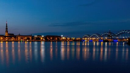 Beautiful view of the city and its reflection in the sea in Riga, Latvia