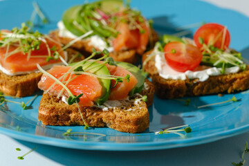 closeup toast with salmon, micro greens, open sandwich with fish, healthy snack on blue plate