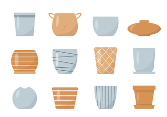 Set of flower pots and vases isolated on white background. House plant pot for homeplants and interior design. Flat vector illustration.