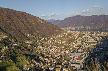 Aerial view of Vacallo in Switzerland among beautiful hills