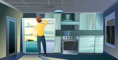 Guy stands in front of empty refrigerator. No food. Kitchen interior. Furniture in room for cooking and eating. Night illustration. Vector © WebPAINTER-Std