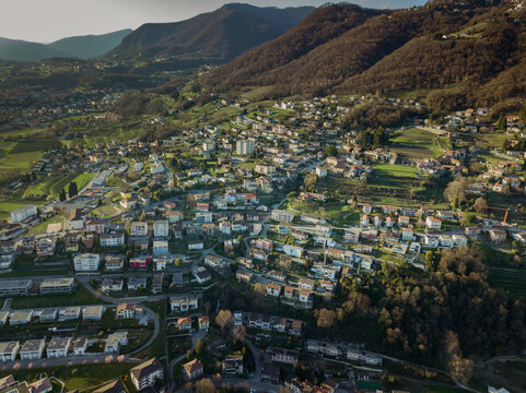 Aerial view of Vacallo in Switzerland among beautiful hills