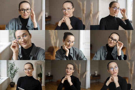 Portrait of a woman with glasses in the office looking at the camera. Collage of photos from different angles