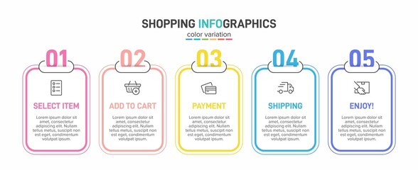 Concept of shopping process with 5 successive steps. Five colorful graphic elements. Timeline design for brochure, presentation, web site. Infographic design layout.