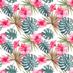 Tuinposter Tropical seamless pattern with hibiscus flowers, monstera and palm leaves for fabric, wrapping paper, wallpaper. Floral watercolor background © Elena