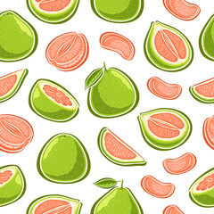 Vector Pomelo seamless pattern, decorative repeating background with set of cut out illustrations ripe exotic pomelo with leaves, group of juicy various pomelo on white background for wrapping paper