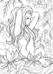 Young beautiful girl with long hair in garden. Flowers. Outline hand drawing coloring page for adult coloring book. Stock line vector illustration. Outline drawing.