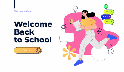 Back to School banner. Woman is running with pencil and notebook. Character illustration