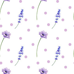 Seamless watercolor pattern with purple flowers