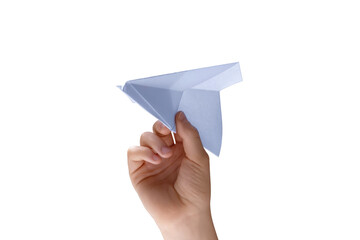 The white paper airplane in the hand is on a white background.