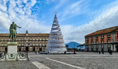 Tuinposter View from Piazza Del Plebiscito in the city center of Naples, Campania, Italy, Europe. Christmas tree on the main square in Napoli. Christmas decoration in winter. View in volcano mount Vesuvius © Chris