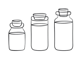 Illustration of a selection of jars with a cork lid, black outline isolated on a white background.