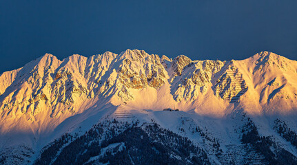Magnificent view of snowy Nordkette mountain chain, Austria, Tirol, Innsbruck - obrazy, fototapety, plakaty