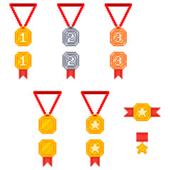 Pixel medals icons set. Old school computer graphic style.