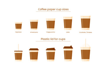 set of icons with paper cups for coffee of different sizes and different lids.