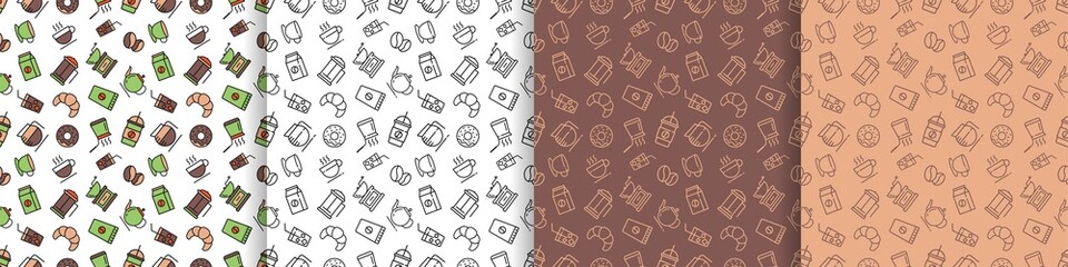 set of coffee seamless pattern, vector background in different colors. Cute drinks, hot drinks flat line icons - croissants, beans, cup, coffee grinder, donut. Repeating texture for cafe menu.