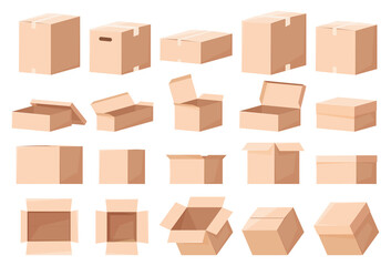 Set of cardboard boxes in different angles. Vector illustration on a white background