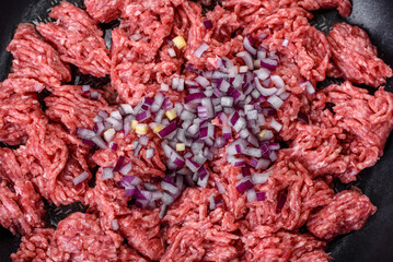 Fresh raw mince with spices and herbs on a dark concrete background