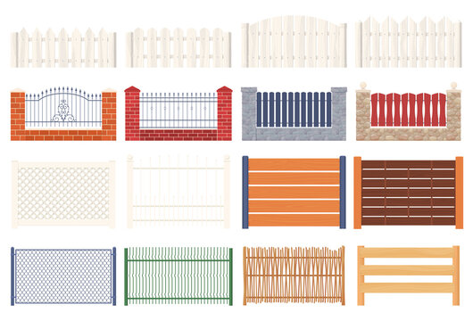 A set of fences for fencing. Wooden and metal fences. Vector illustration on a white background