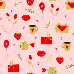 Seamless vector pattern with funny birds and hearts. Romantic love illustration for textile, fabric, backrgound, wrapping. Valentines day