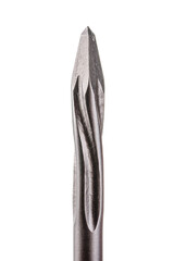 chipping chisel for rotary hammer,  for Concrete, flat chisel drill heads for perforators close-up with textured metal on a white background with sds plus
