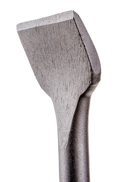 chipping chisel for rotary hammer,  for Concrete, flat chisel drill heads for perforators close-up with textured metal on a white background with sds plus