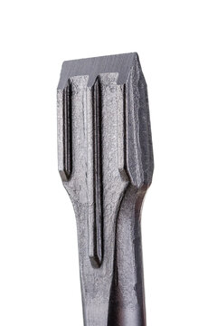 chipping chisel for rotary hammer,  for Concrete, flat chisel drill heads for perforators close-up with textured metal on a white background with sds plus